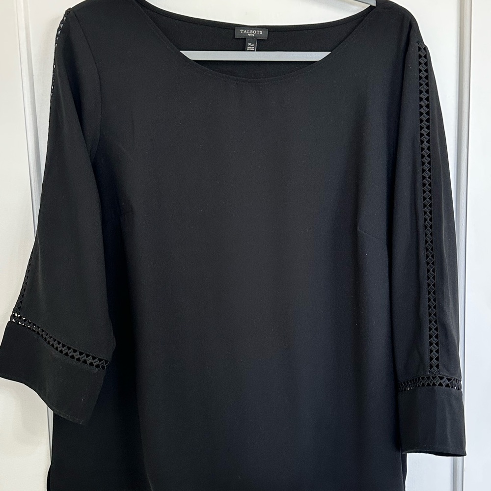 Talbots Petite Women's Black LACE-SLEEVE CREPE POPOVER Blouse